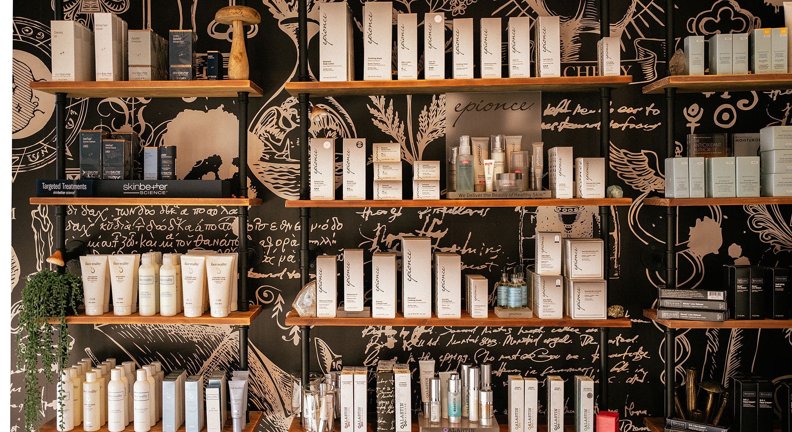 Skincare products displayed on wooden shelves.